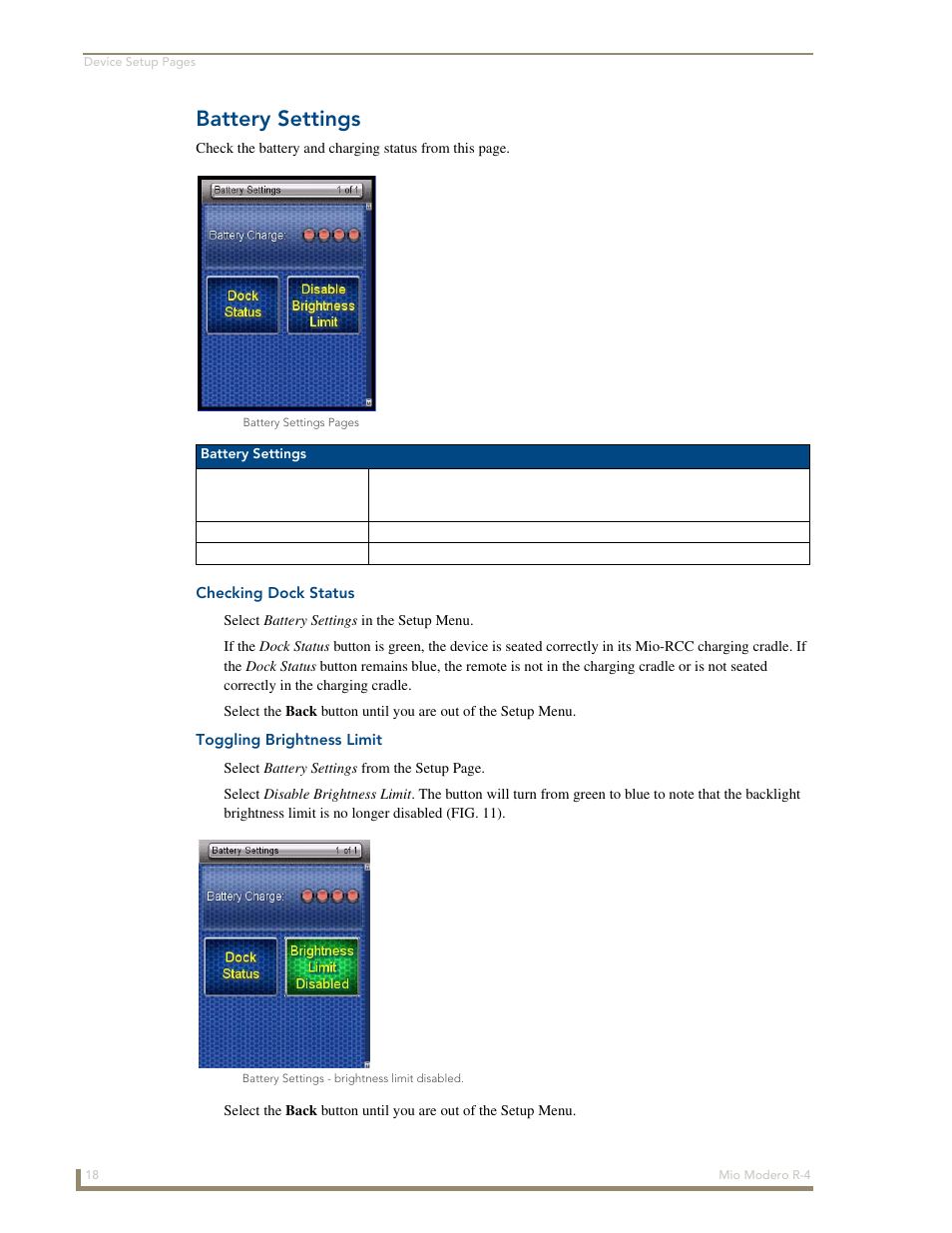 Battery settings, Checking dock status, Toggling brightness limit | AMX Mio Modero R-4 User Manual | Page 26 / 103