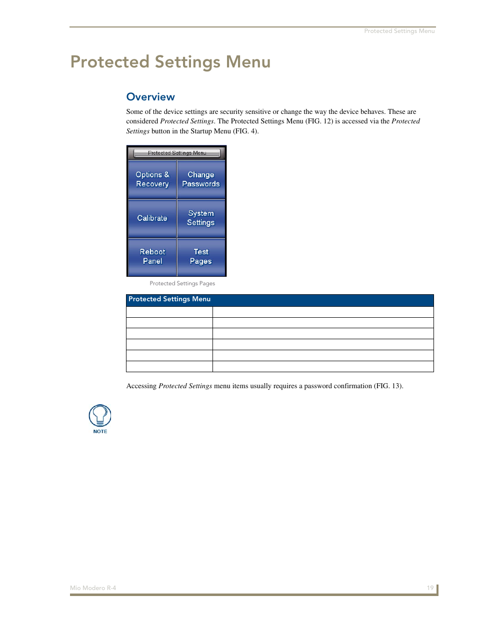 Protected settings menu, Overview | AMX Mio Modero R-4 User Manual | Page 27 / 103