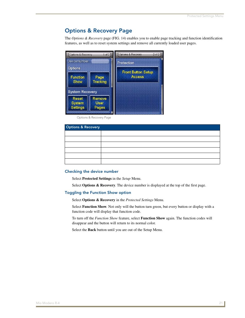 Checking the device number, Toggling the function show option, Options & recovery page | AMX Mio Modero R-4 User Manual | Page 29 / 103