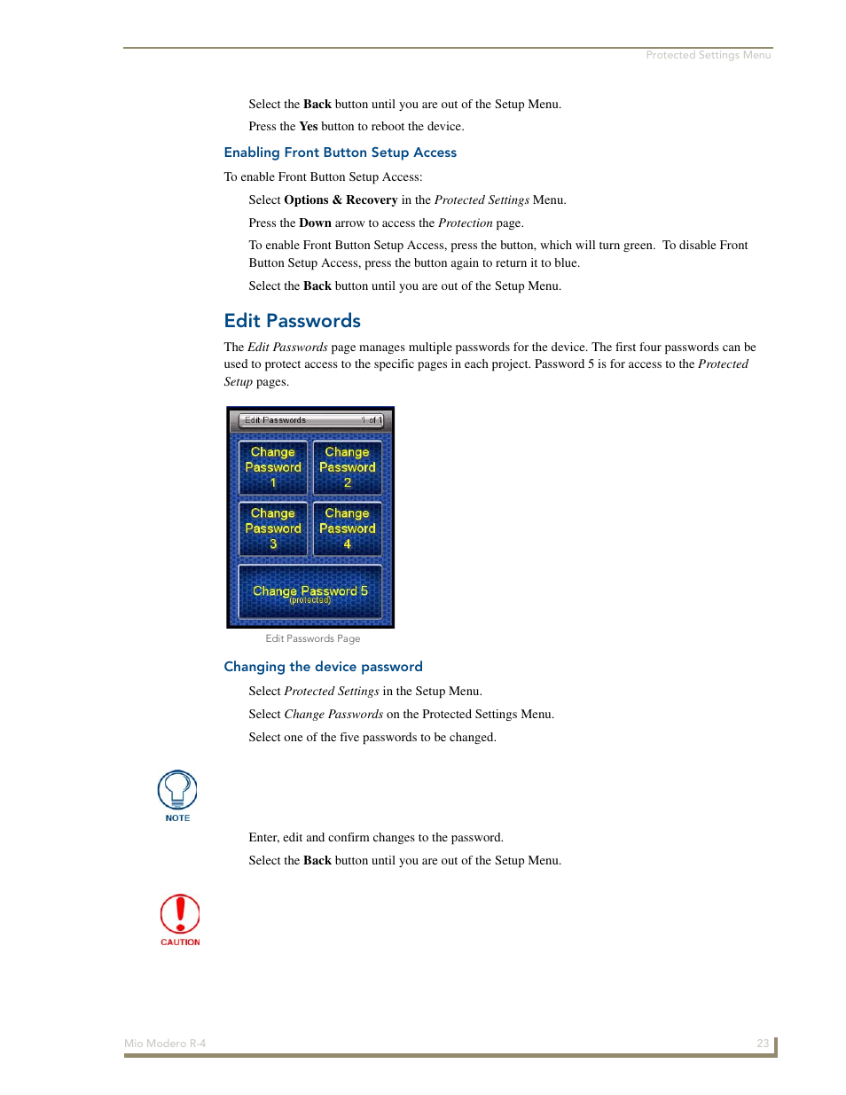 Enabling front button setup access, Edit passwords, Changing the device password | AMX Mio Modero R-4 User Manual | Page 31 / 103