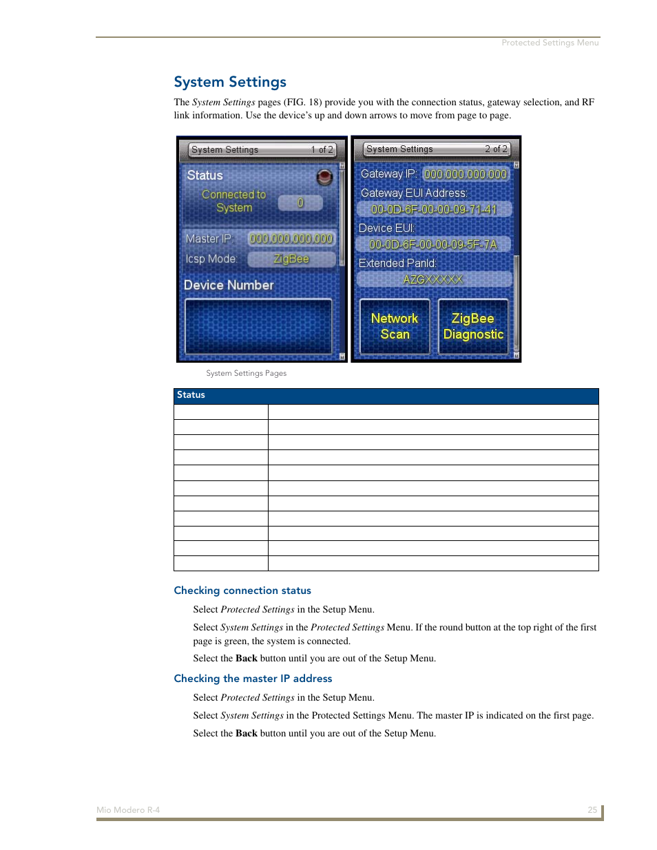 System settings, Checking connection status, Checking the master ip address | AMX Mio Modero R-4 User Manual | Page 33 / 103