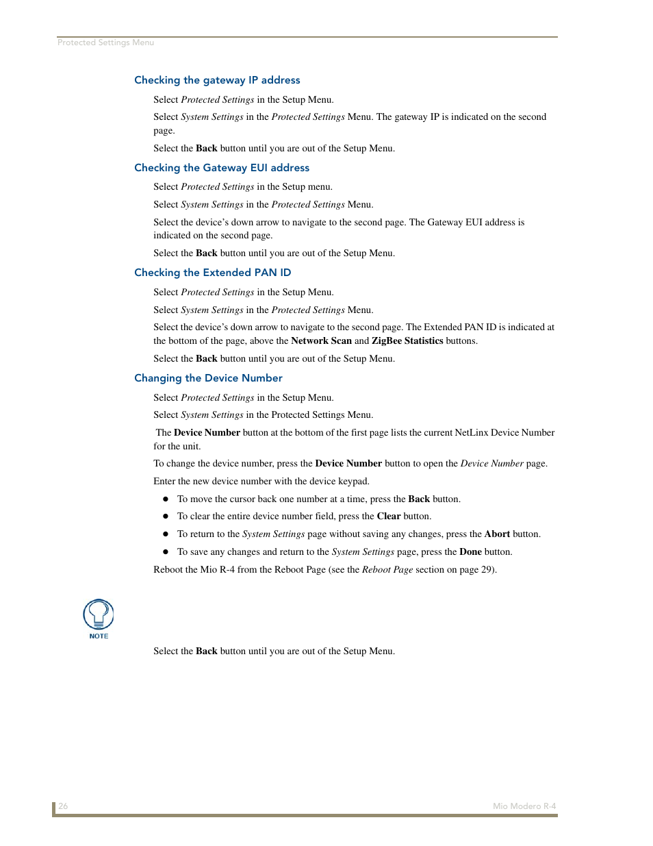 Checking the gateway ip address, Checking the gateway eui address, Checking the extended pan id | Changing the device number | AMX Mio Modero R-4 User Manual | Page 34 / 103