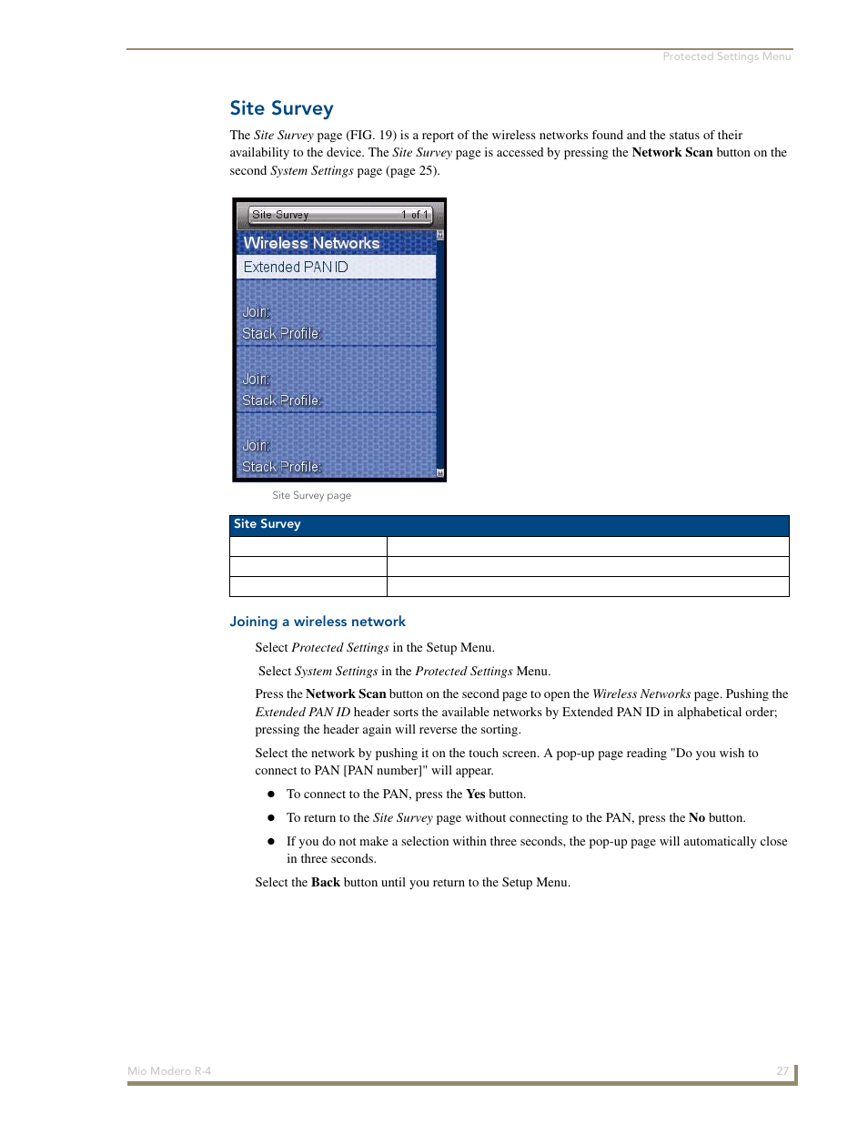 Site survey, Joining a wireless network | AMX Mio Modero R-4 User Manual | Page 35 / 103