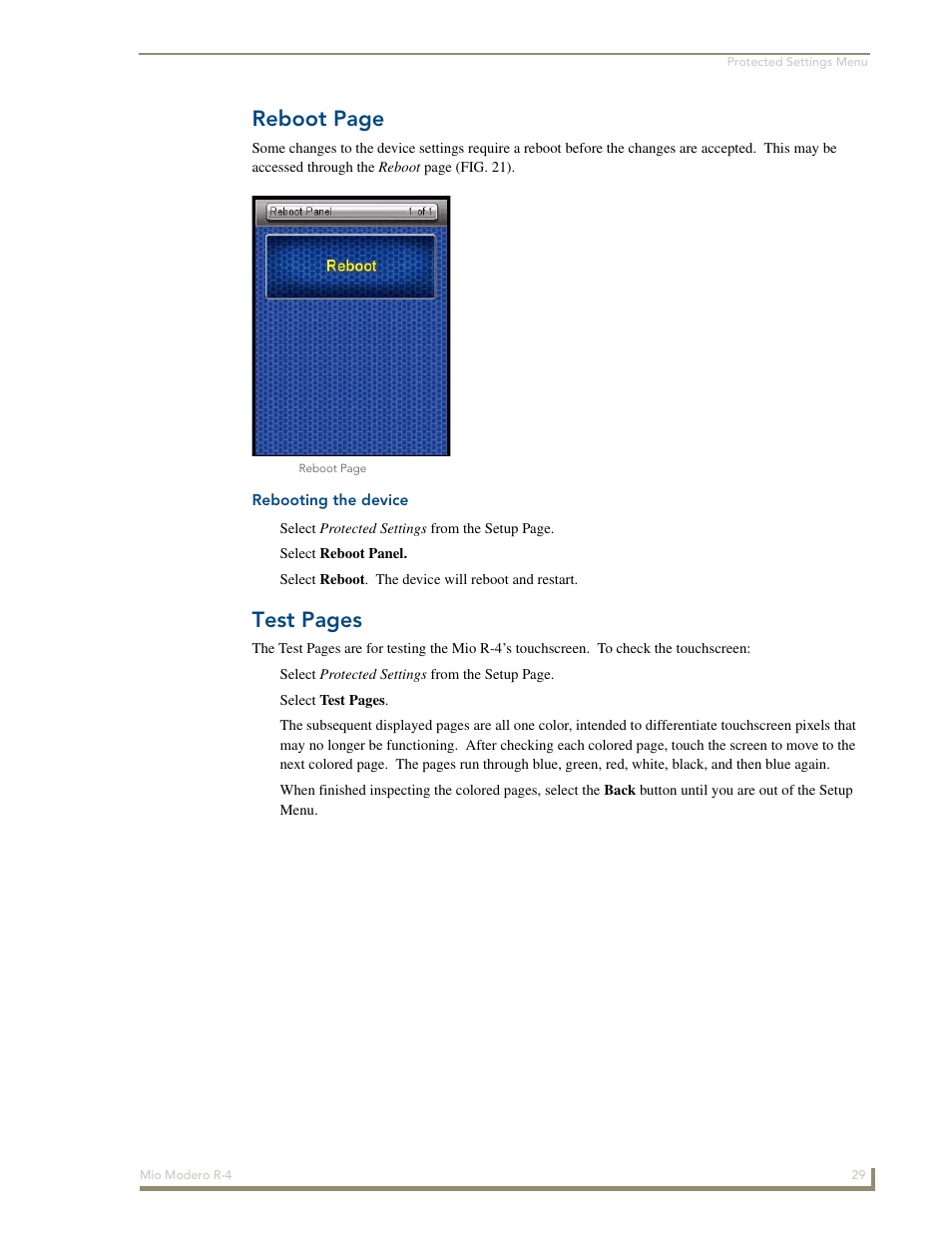 Rebooting the device, Reboot page, Test pages | AMX Mio Modero R-4 User Manual | Page 37 / 103