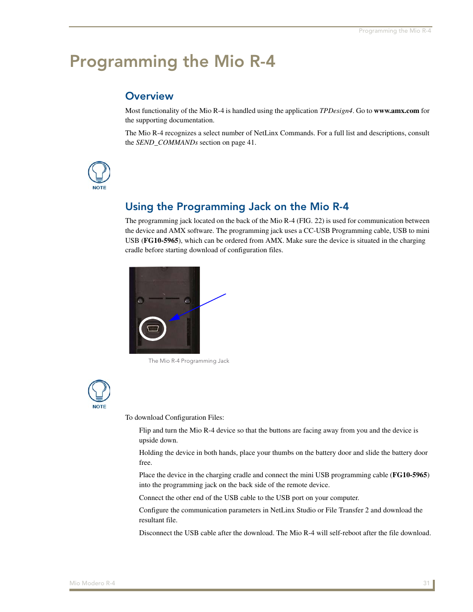 Programming the mio r-4, Overview, Using the programming jack on the mio r-4 | AMX Mio Modero R-4 User Manual | Page 39 / 103