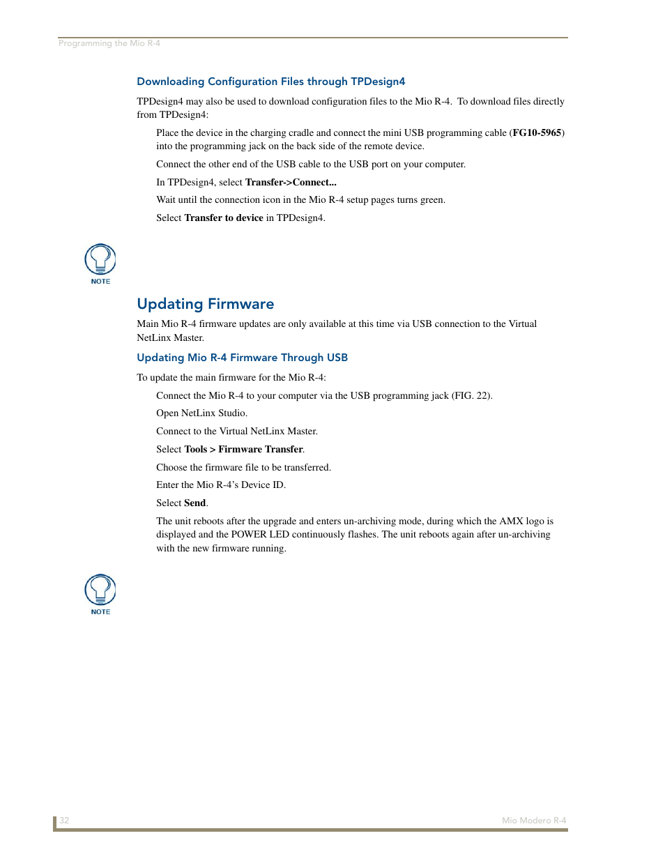 Downloading configuration files through tpdesign4, Updating firmware, Updating mio r-4 firmware through usb | AMX Mio Modero R-4 User Manual | Page 40 / 103