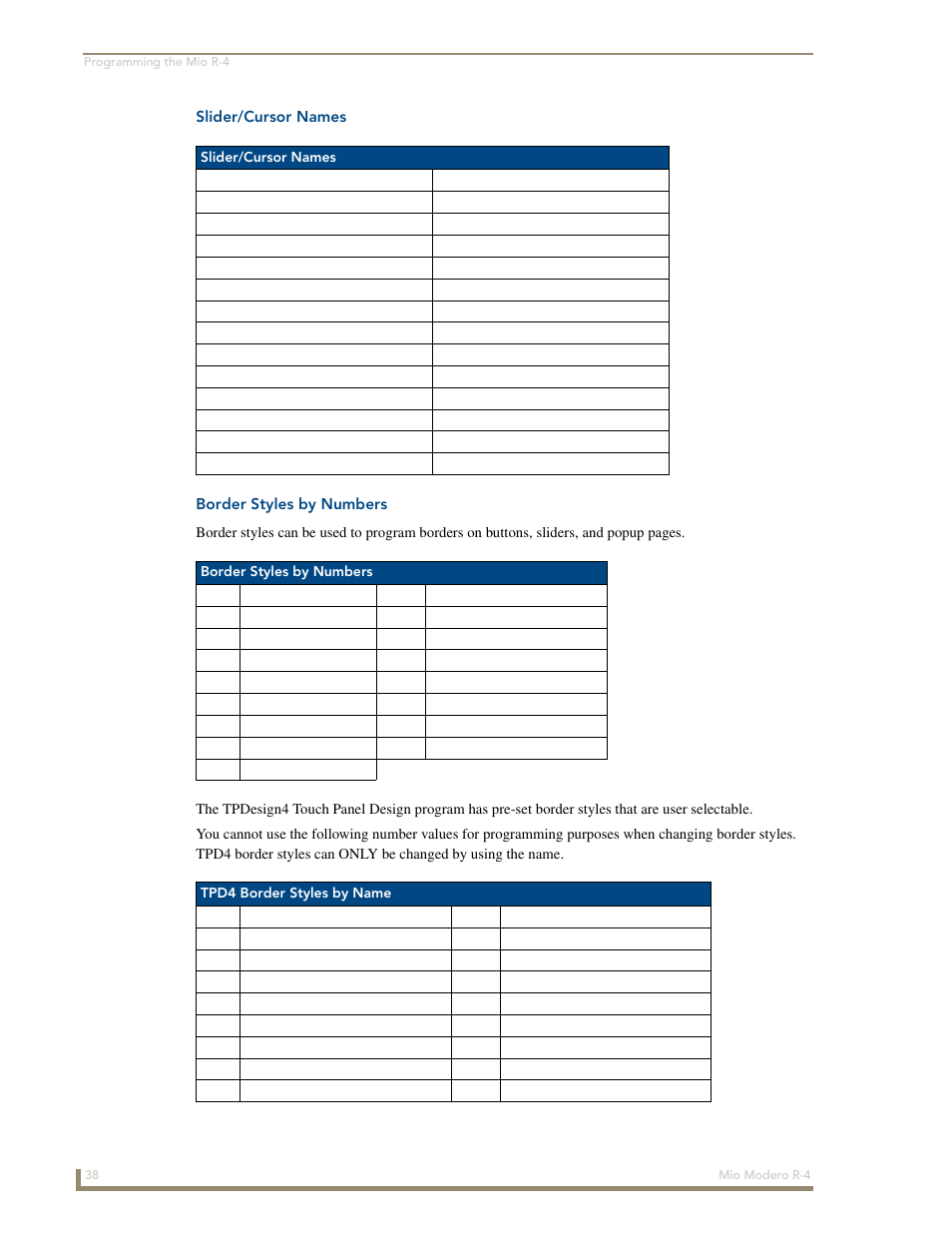 Slider/cursor names, Border styles by numbers | AMX Mio Modero R-4 User Manual | Page 46 / 103