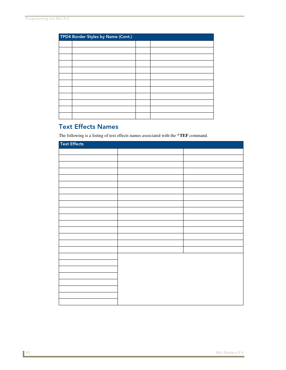 Text effects names | AMX Mio Modero R-4 User Manual | Page 48 / 103