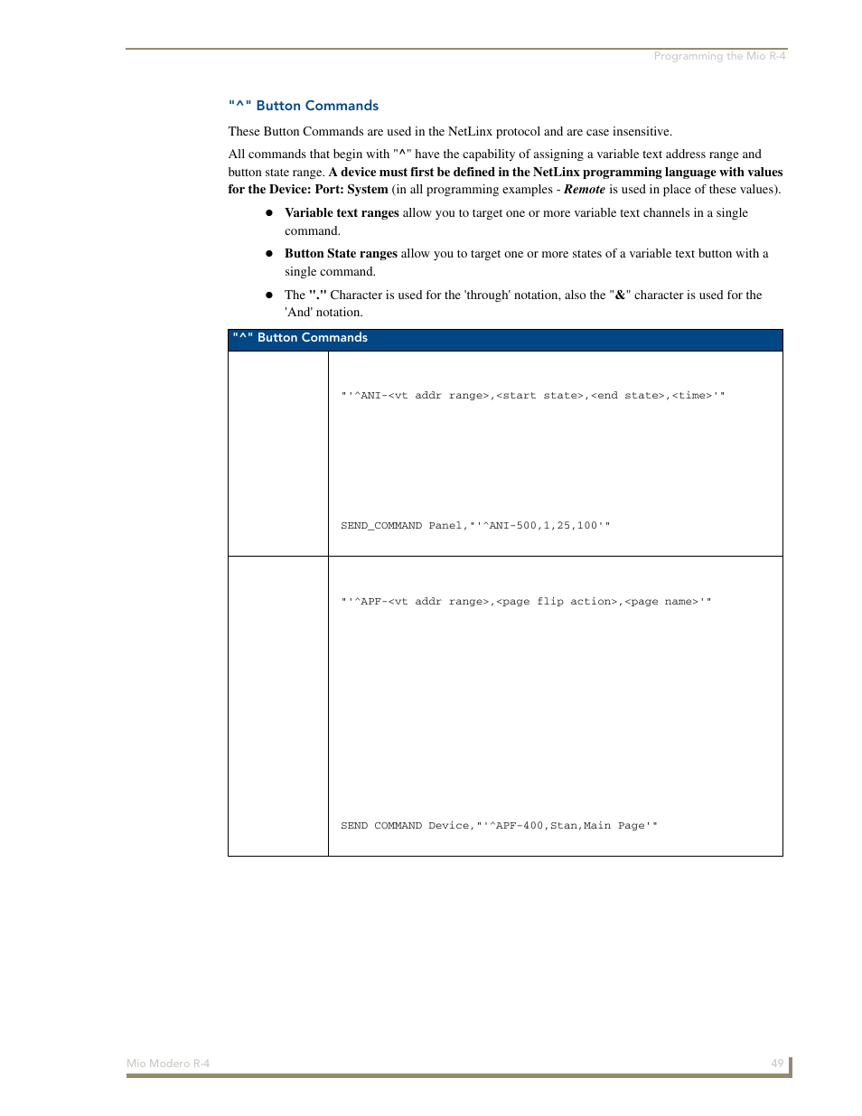 Button commands | AMX Mio Modero R-4 User Manual | Page 57 / 103