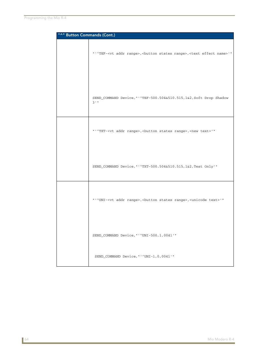 The ^uni section on | AMX Mio Modero R-4 User Manual | Page 72 / 103
