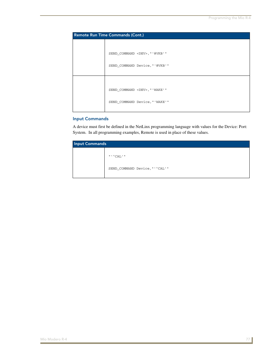 Wake, Input commands | AMX Mio Modero R-4 User Manual | Page 85 / 103