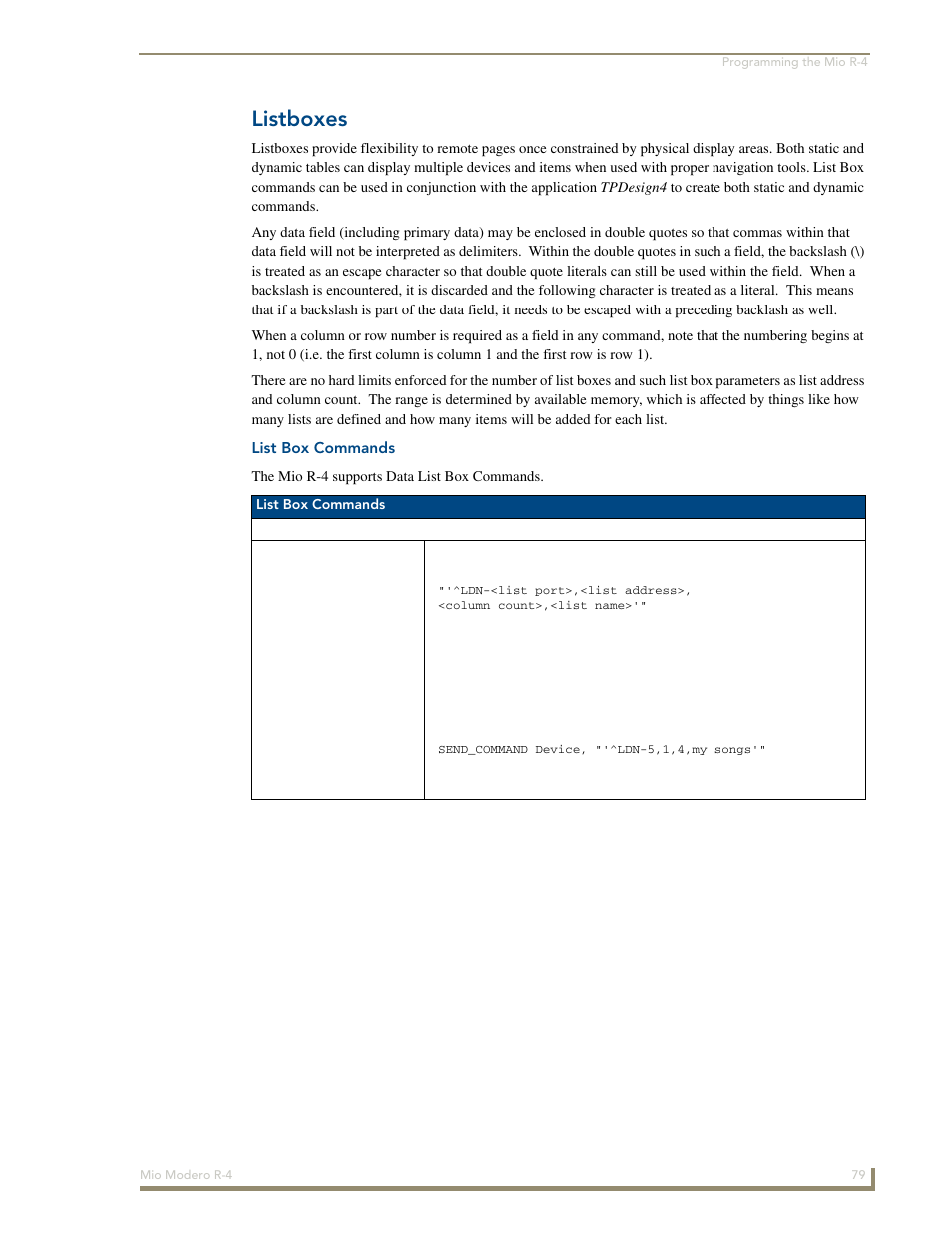 Listboxes, List box commands | AMX Mio Modero R-4 User Manual | Page 87 / 103