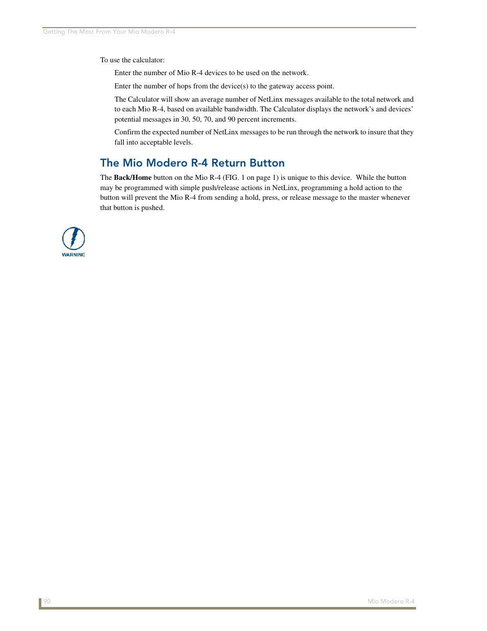 The mio modero r-4 return button | AMX Mio Modero R-4 User Manual | Page 99 / 103