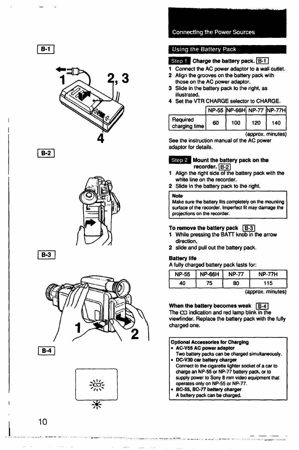 Charge the battery pack. i b-11, I mount the battery pack on the recorder. 1b-2, To remove the battery pack |b-3 | When the battery becomes weak | b-41 | Sony CCD-F33 User Manual | Page 10 / 52