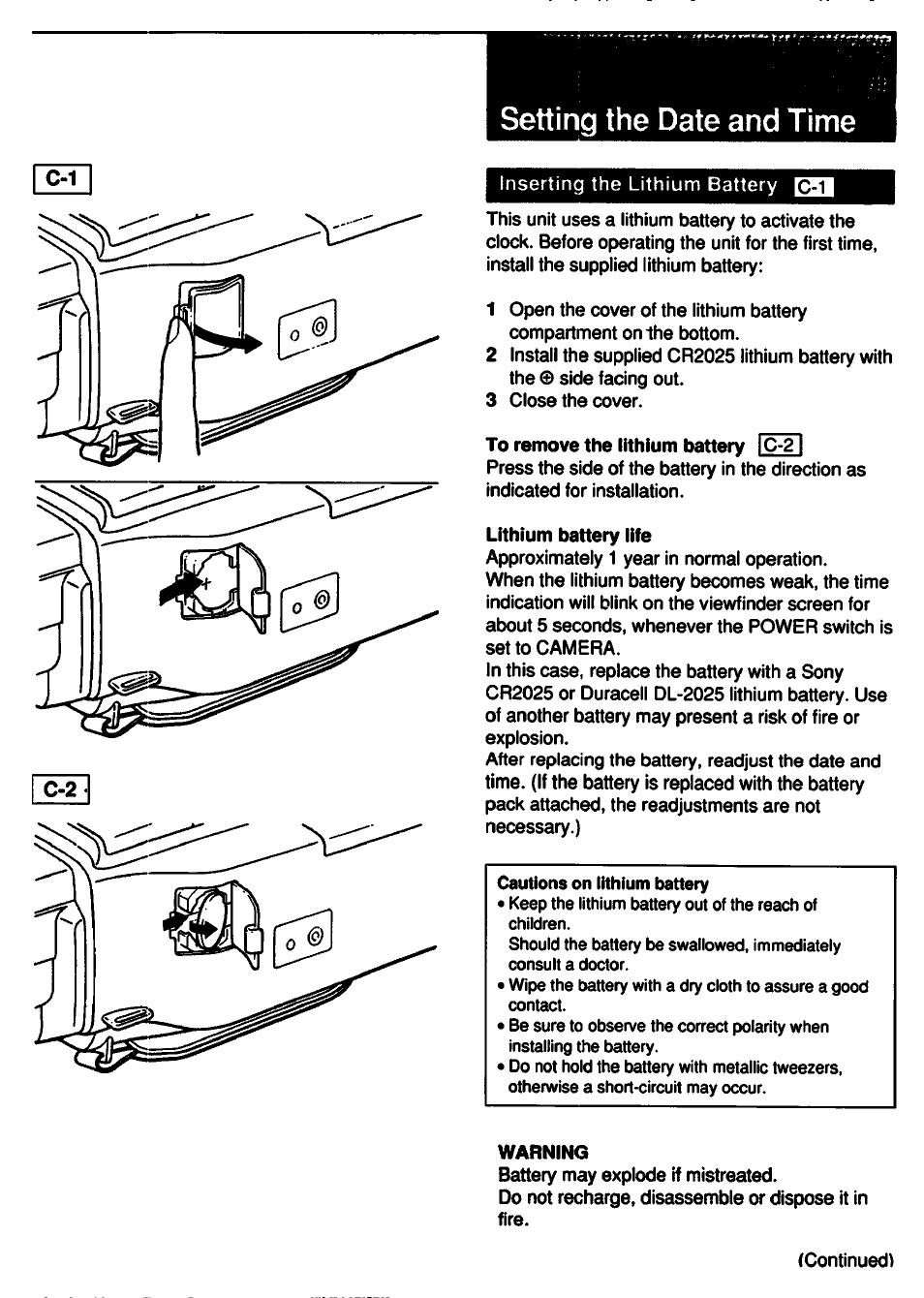 Setting the date and time, C-1 c-2 | Sony CCD-F33 User Manual | Page 13 / 52