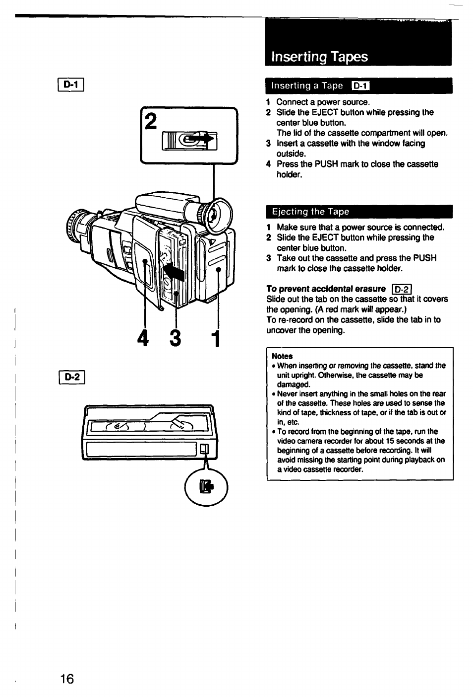 To prevent accidental erasure |p-2, Inserting tapes, D-1 d-2 | Sony CCD-F33 User Manual | Page 16 / 52