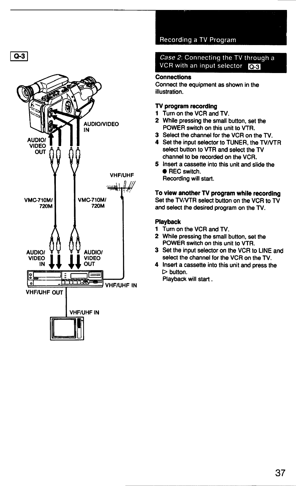 Connections, Tv program recording, To view another tv program while recording | Playback, X x x x | Sony CCD-F33 User Manual | Page 37 / 52