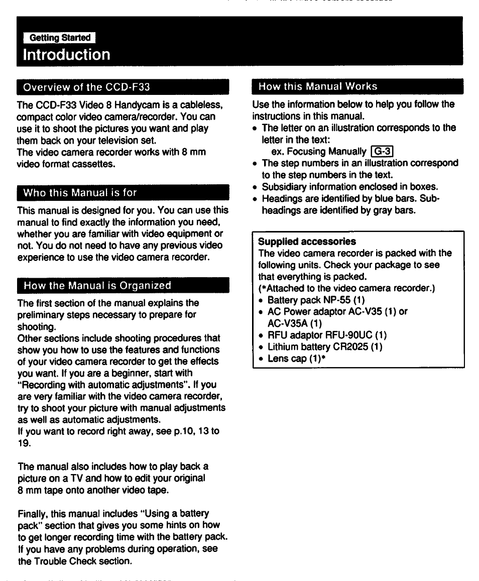 Introduction | Sony CCD-F33 User Manual | Page 4 / 52