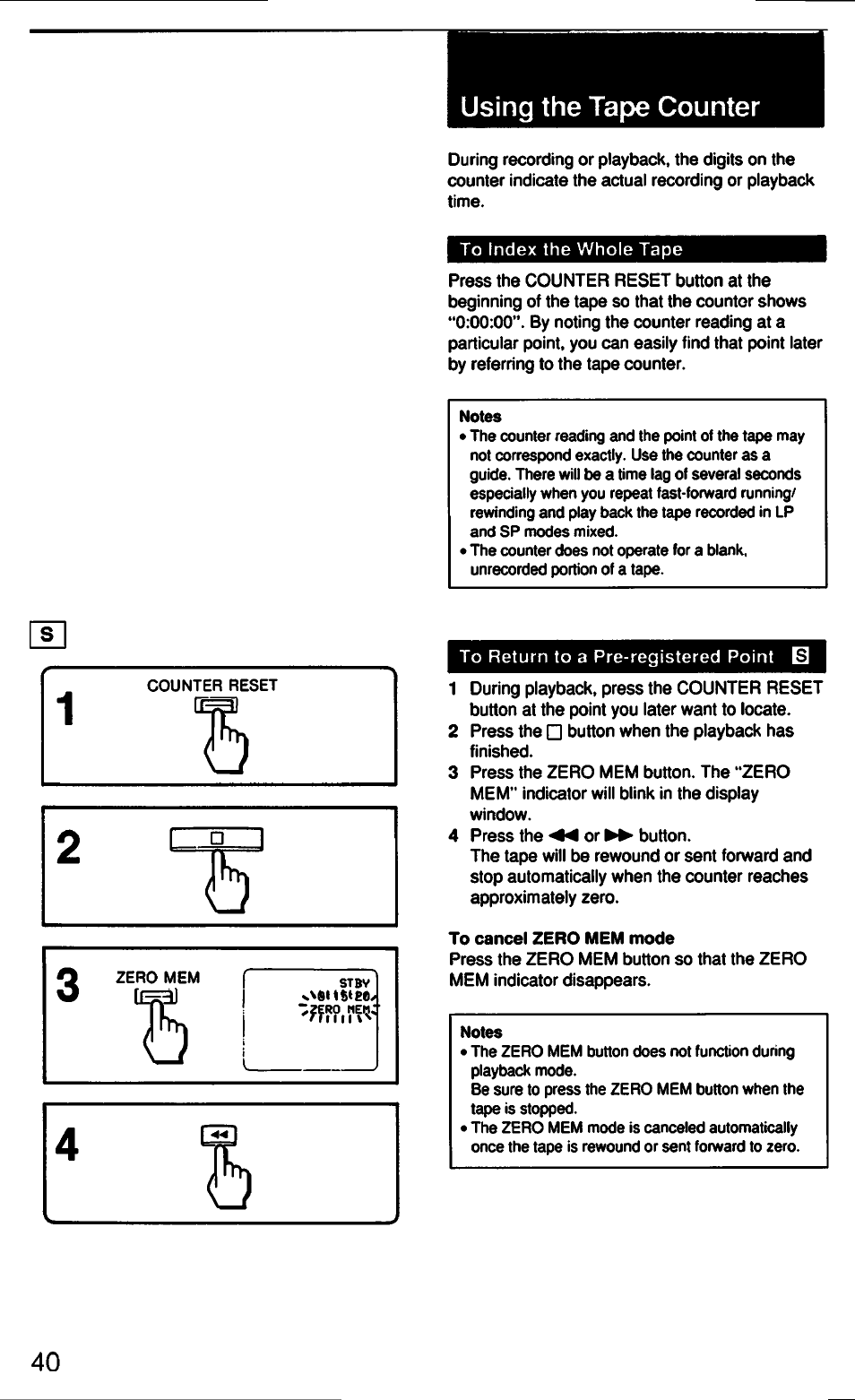 Using the tape counter, U-g-.. i | Sony CCD-F33 User Manual | Page 40 / 52