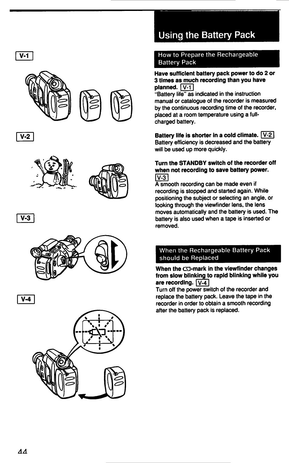 Using the battery pack | Sony CCD-F33 User Manual | Page 44 / 52