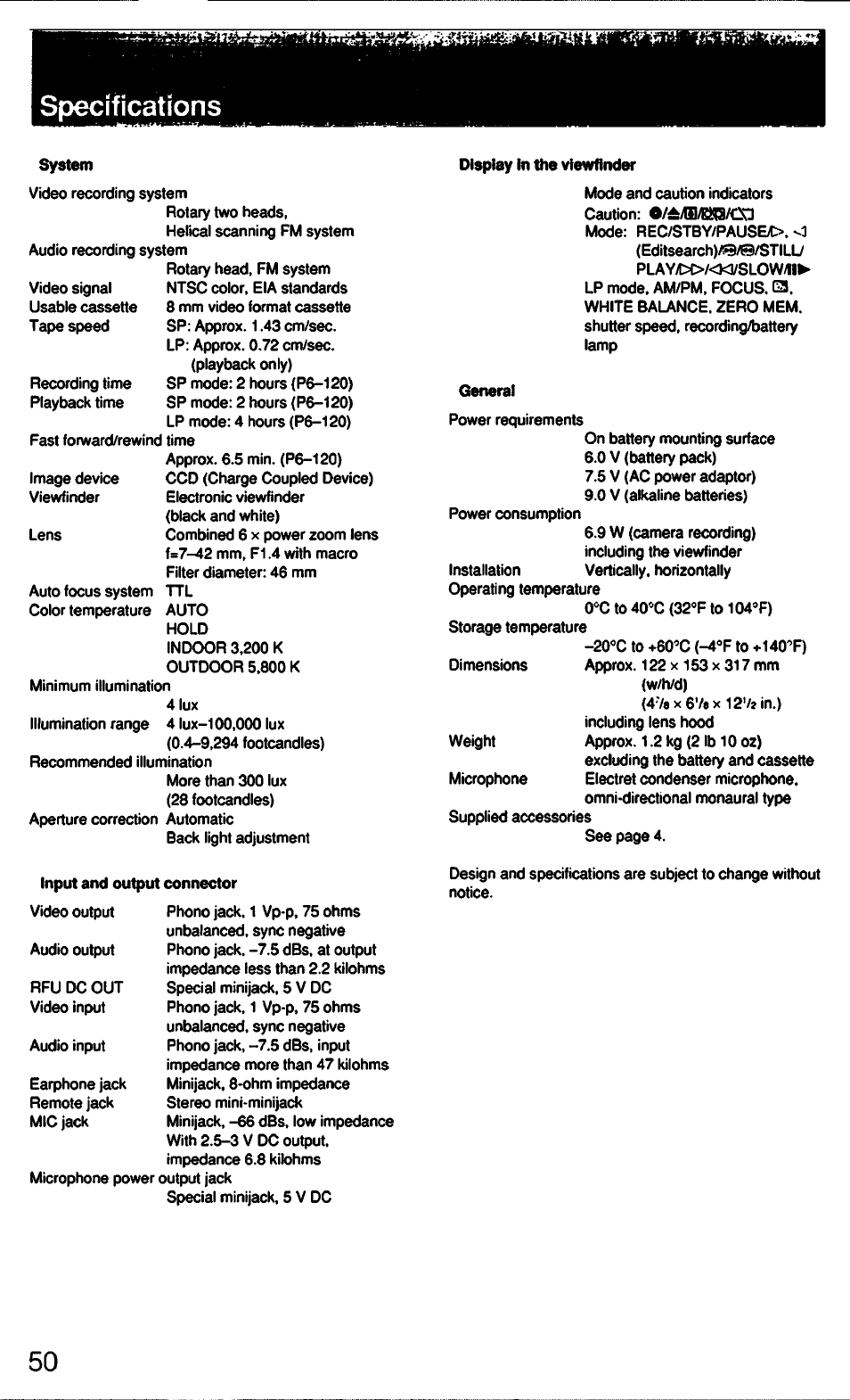 Specifications, System, Input and output connector | Display in the viewfinder, General | Sony CCD-F33 User Manual | Page 50 / 52