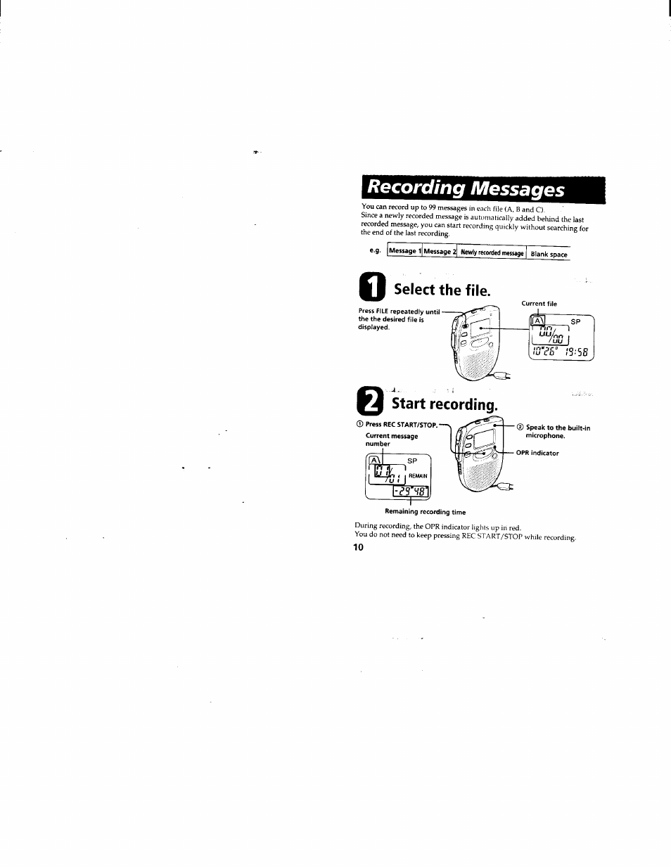 Recording messages, Select the file, Start recording | Sony ICD-55 User Manual | Page 10 / 44