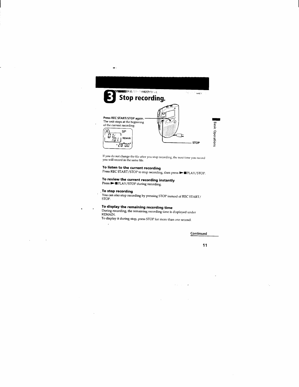 Stop, Recording | Sony ICD-55 User Manual | Page 11 / 44