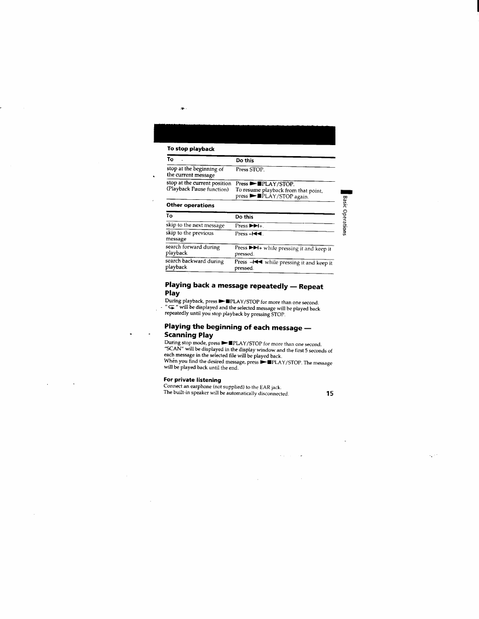 Playing back a message repeatedly — repeat play | Sony ICD-55 User Manual | Page 15 / 44