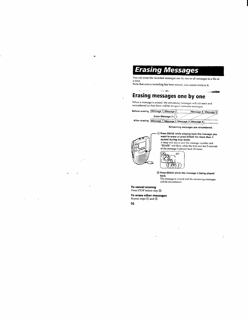 Erasing messages, Erasing messages one by one | Sony ICD-55 User Manual | Page 16 / 44