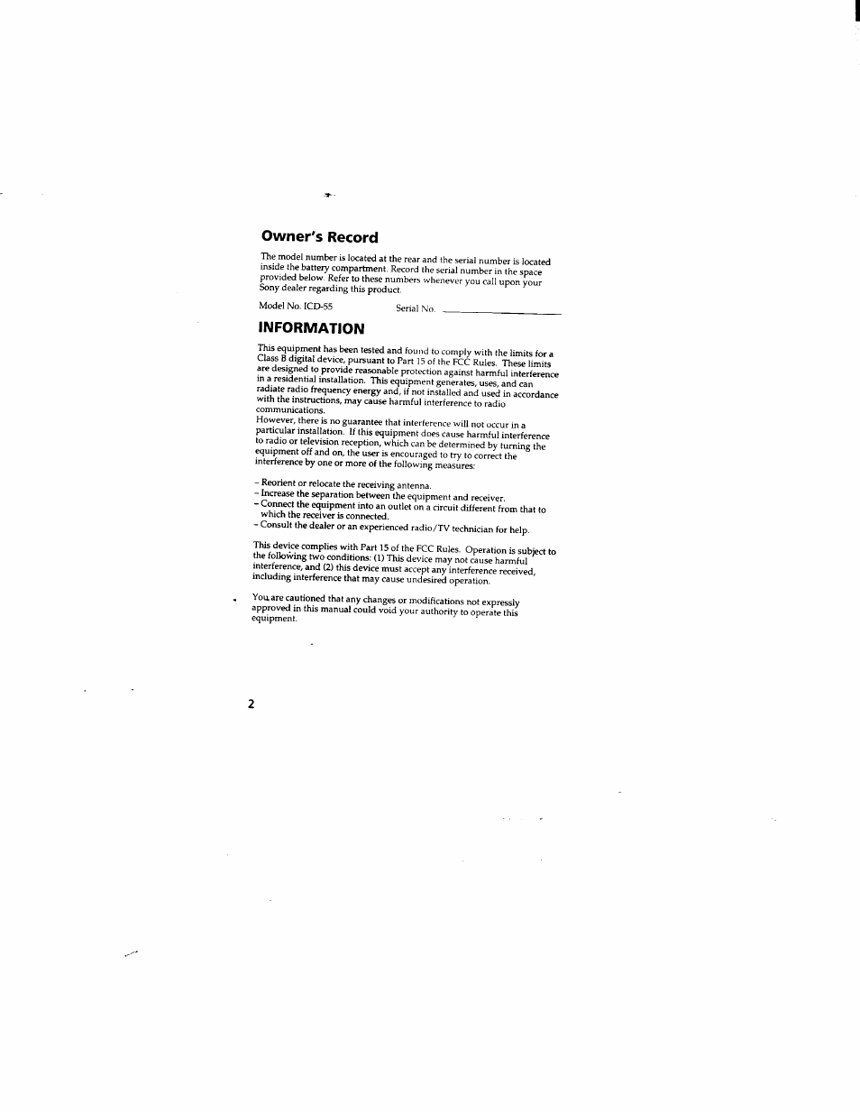 Owner's record, Information | Sony ICD-55 User Manual | Page 2 / 44