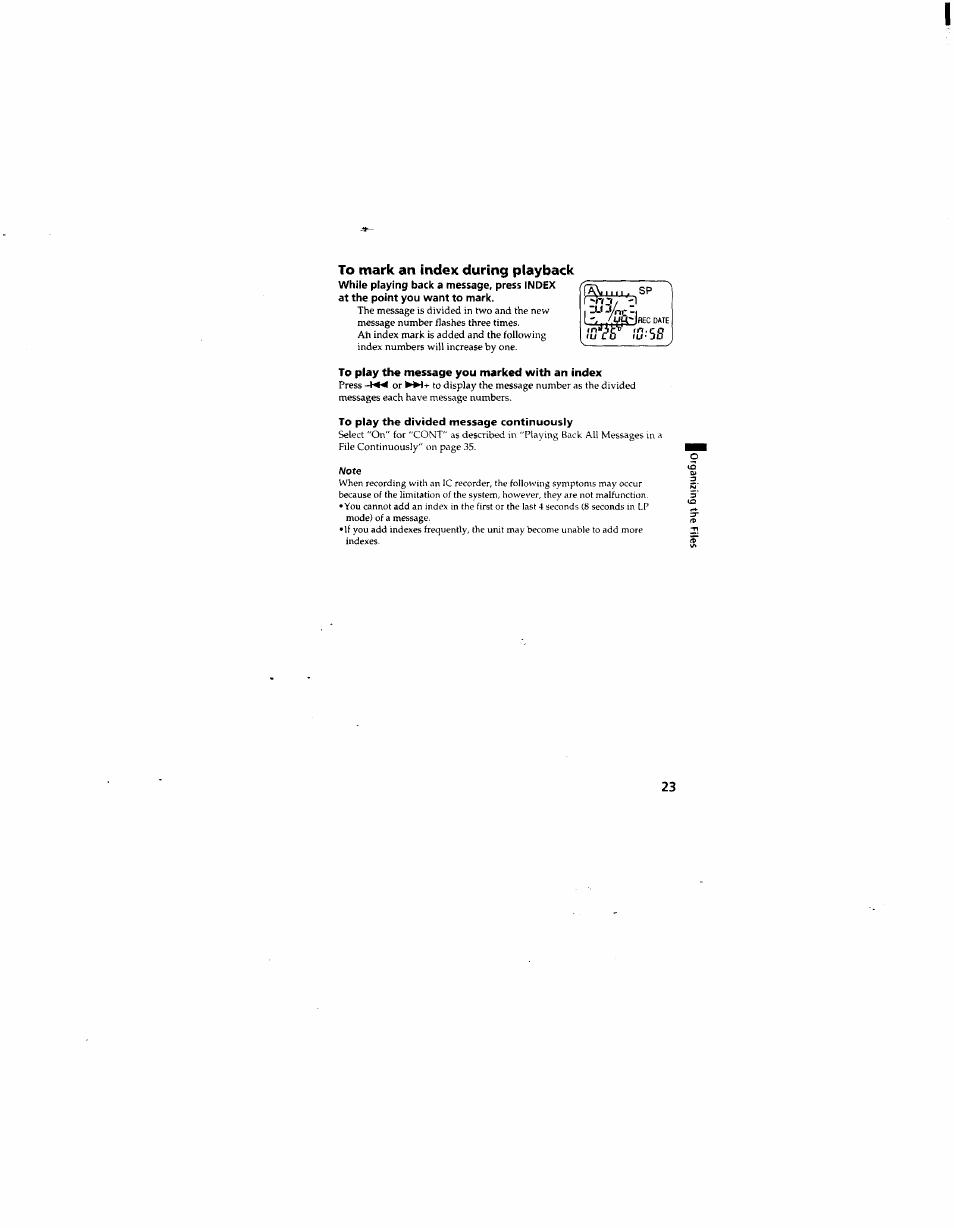 To mark an index during playback | Sony ICD-55 User Manual | Page 23 / 44