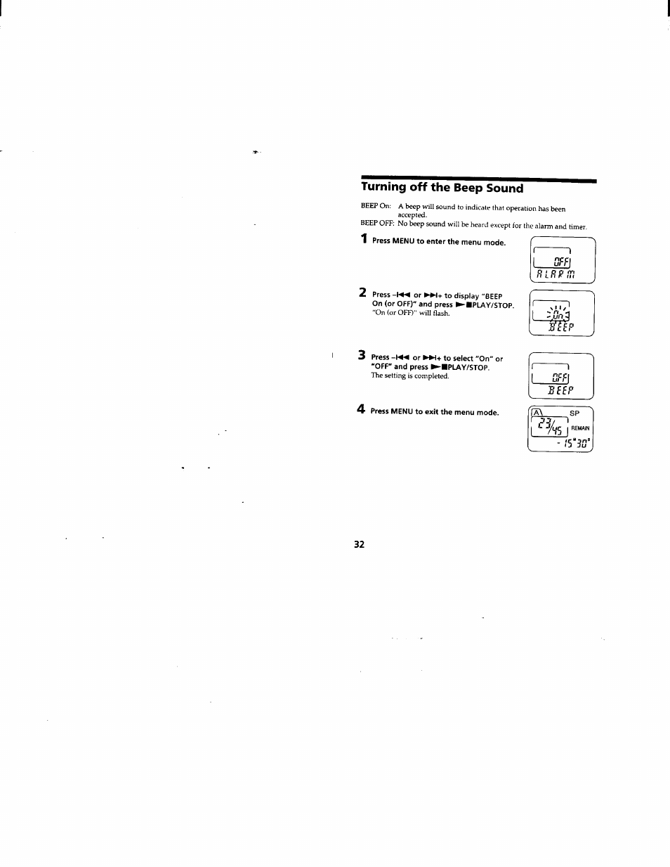 Turning off the beep sound | Sony ICD-55 User Manual | Page 32 / 44