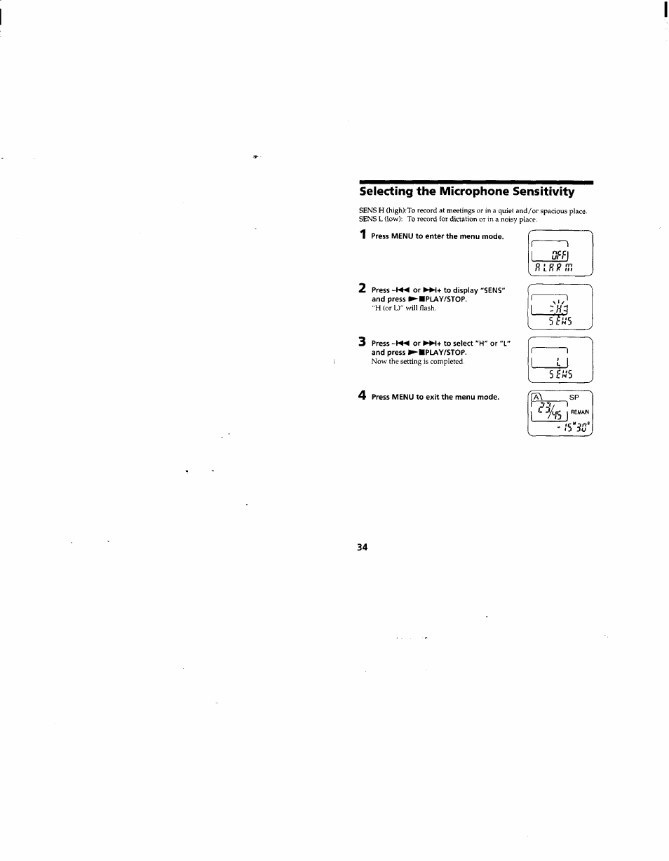 Selecting the microphone sensitivity | Sony ICD-55 User Manual | Page 34 / 44