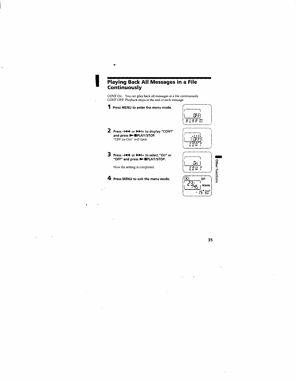 Playing back all messages in a file continuously | Sony ICD-55 User Manual | Page 35 / 44