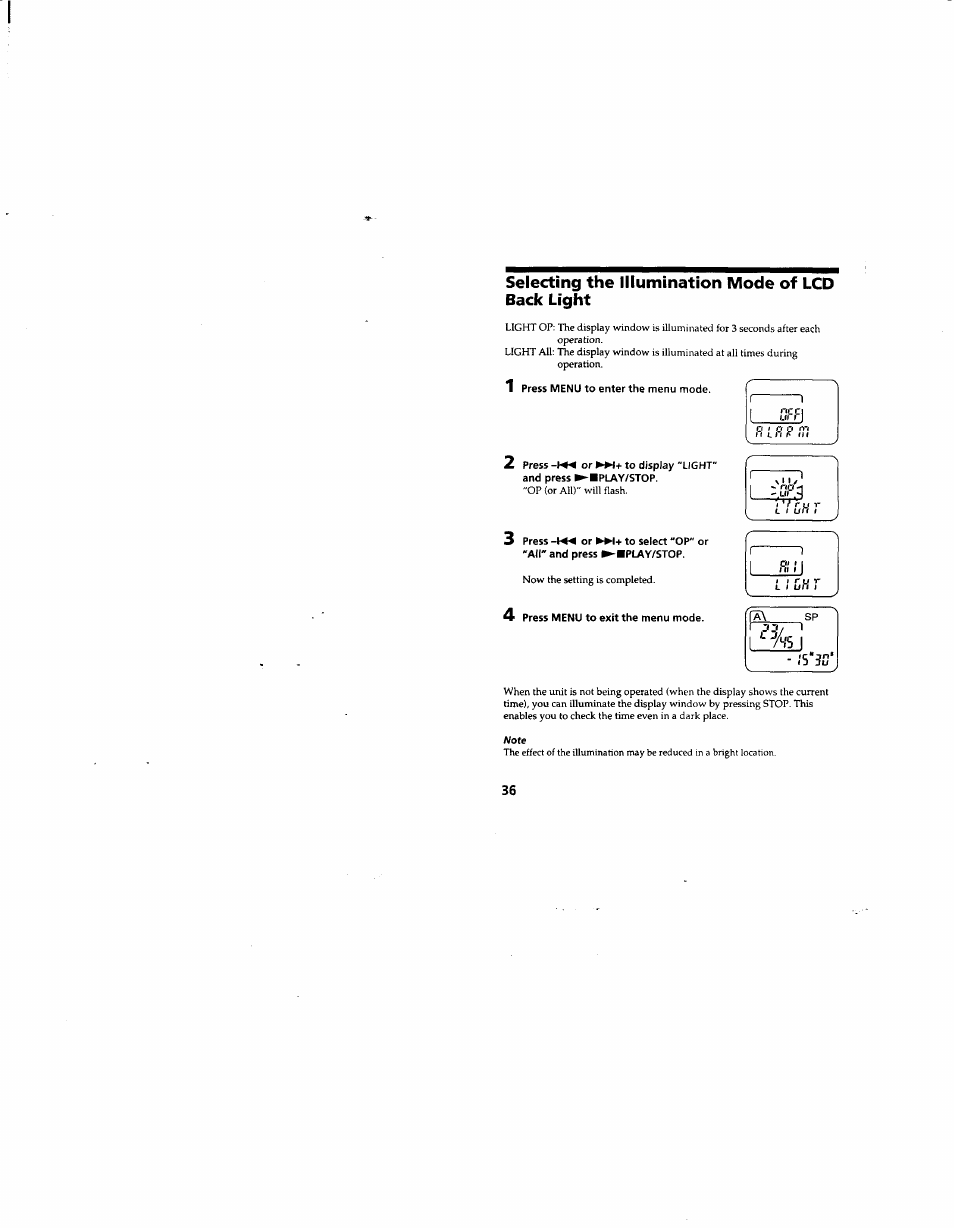 Selecting the illumination mode of lcd back light | Sony ICD-55 User Manual | Page 36 / 44