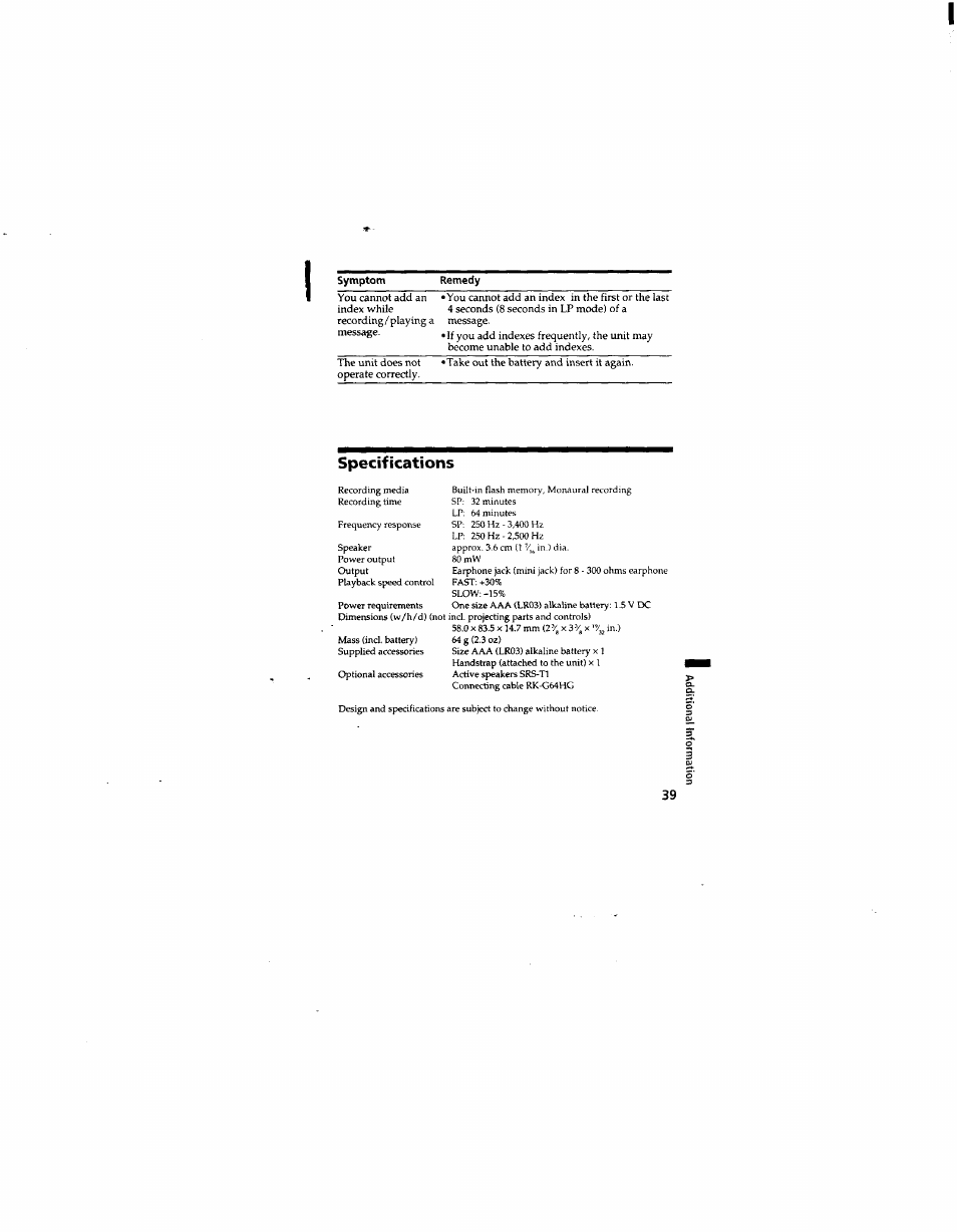 Specifications | Sony ICD-55 User Manual | Page 39 / 44