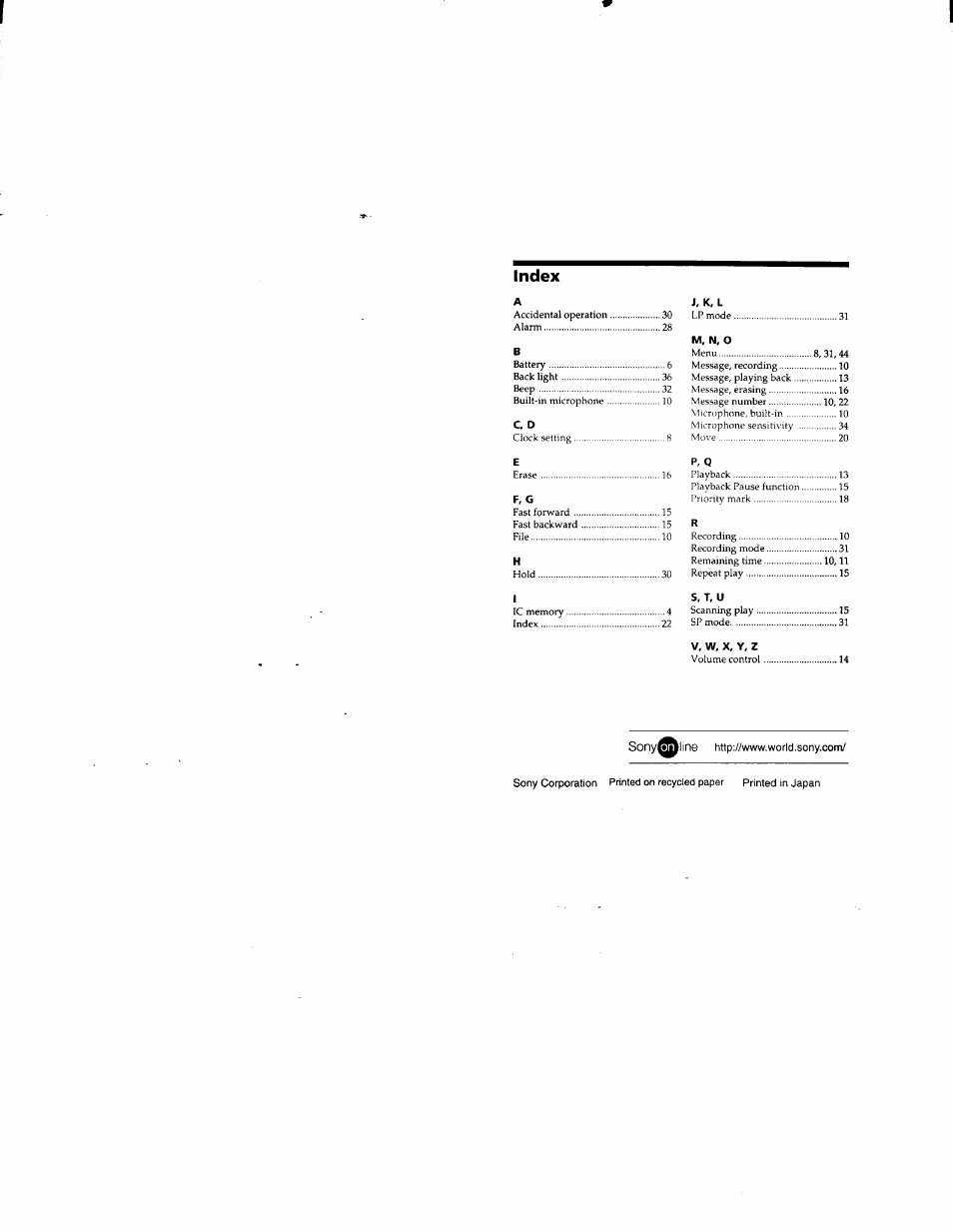 Index | Sony ICD-55 User Manual | Page 44 / 44