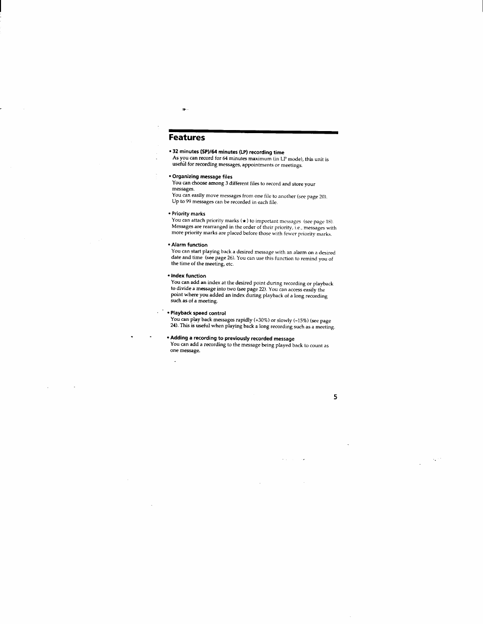 Features | Sony ICD-55 User Manual | Page 5 / 44