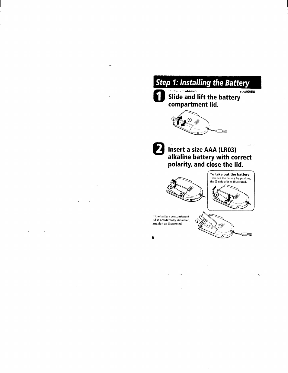 Step 1: installing the battery | Sony ICD-55 User Manual | Page 6 / 44