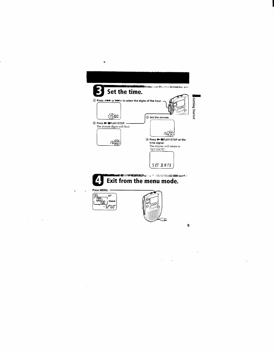 I exit from the menu mode | Sony ICD-55 User Manual | Page 9 / 44