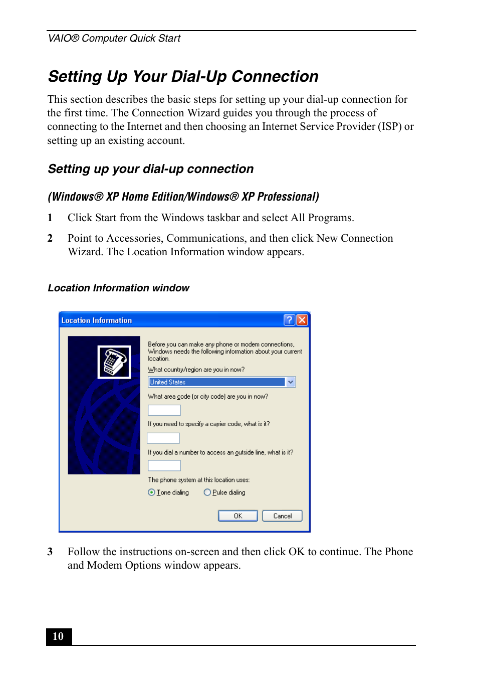 Setting up your dial-up connection | Sony PCG-GRX650 User Manual | Page 10 / 56