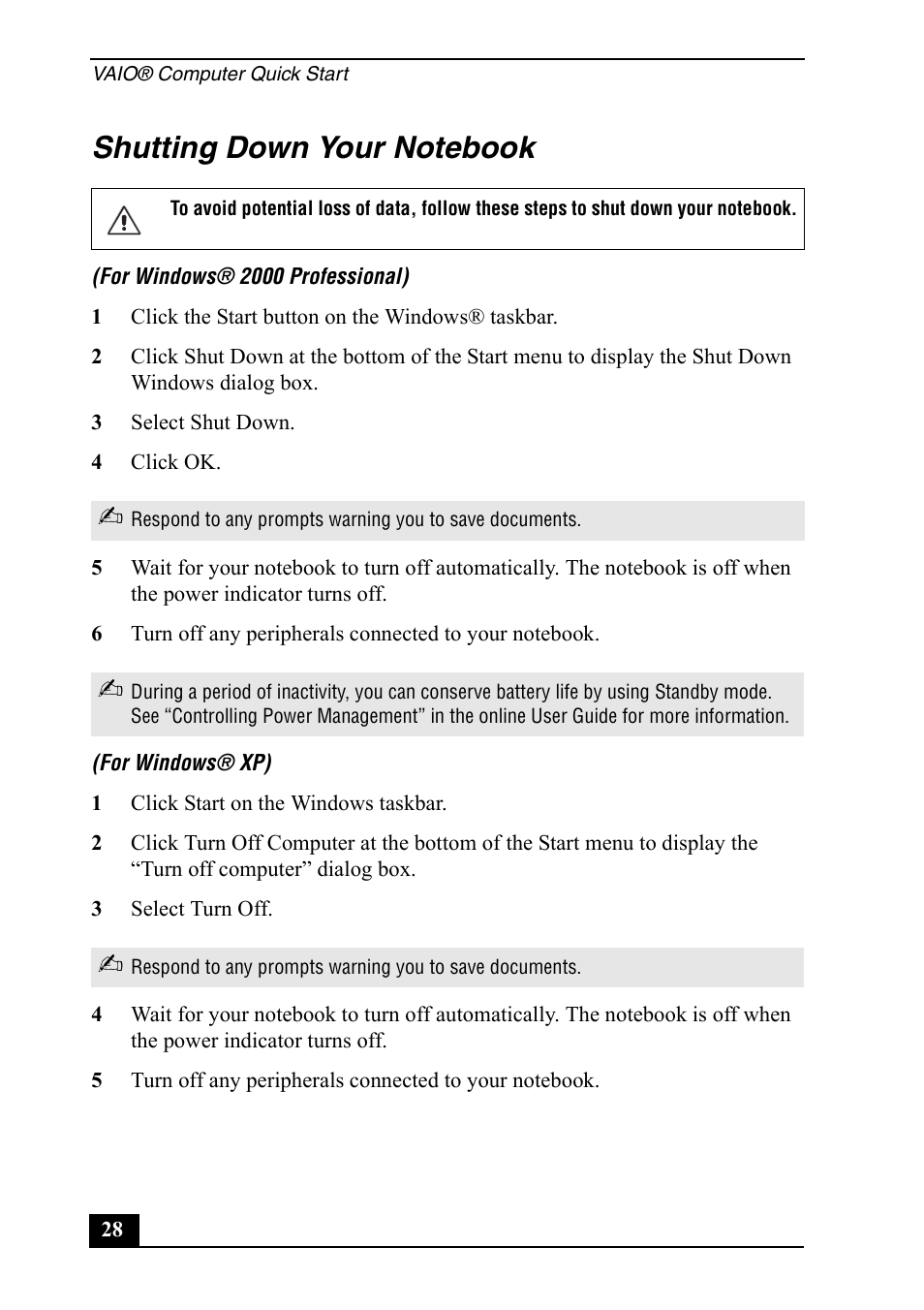 Shutting down your notebook | Sony PCG-GRX650 User Manual | Page 28 / 56