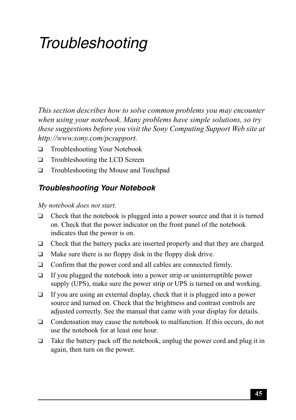 Troubleshooting | Sony PCG-GRX650 User Manual | Page 45 / 56