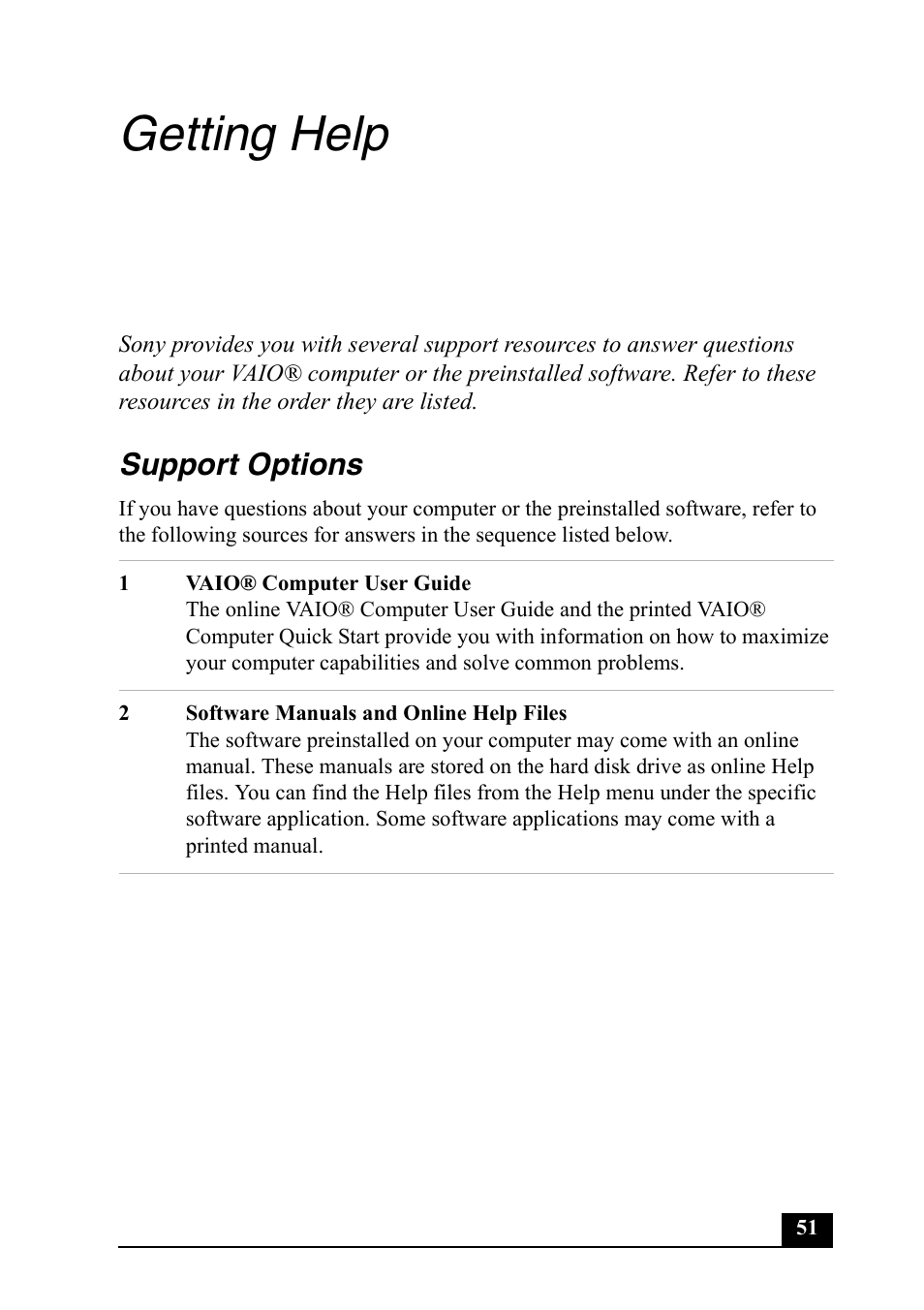 Getting help, Support options | Sony PCG-GRX650 User Manual | Page 51 / 56