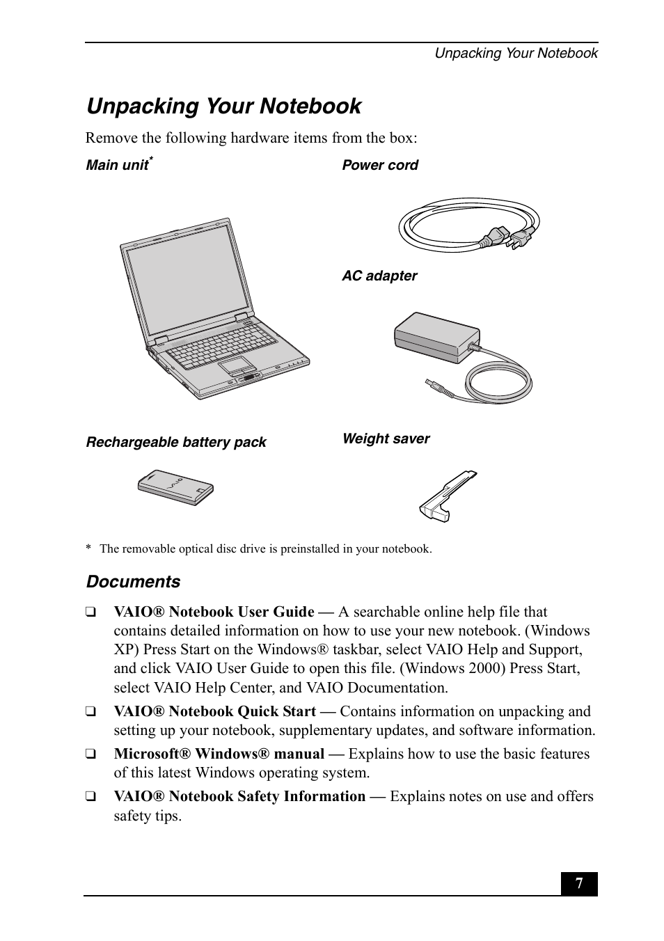 Unpacking your notebook | Sony PCG-GRX650 User Manual | Page 7 / 56