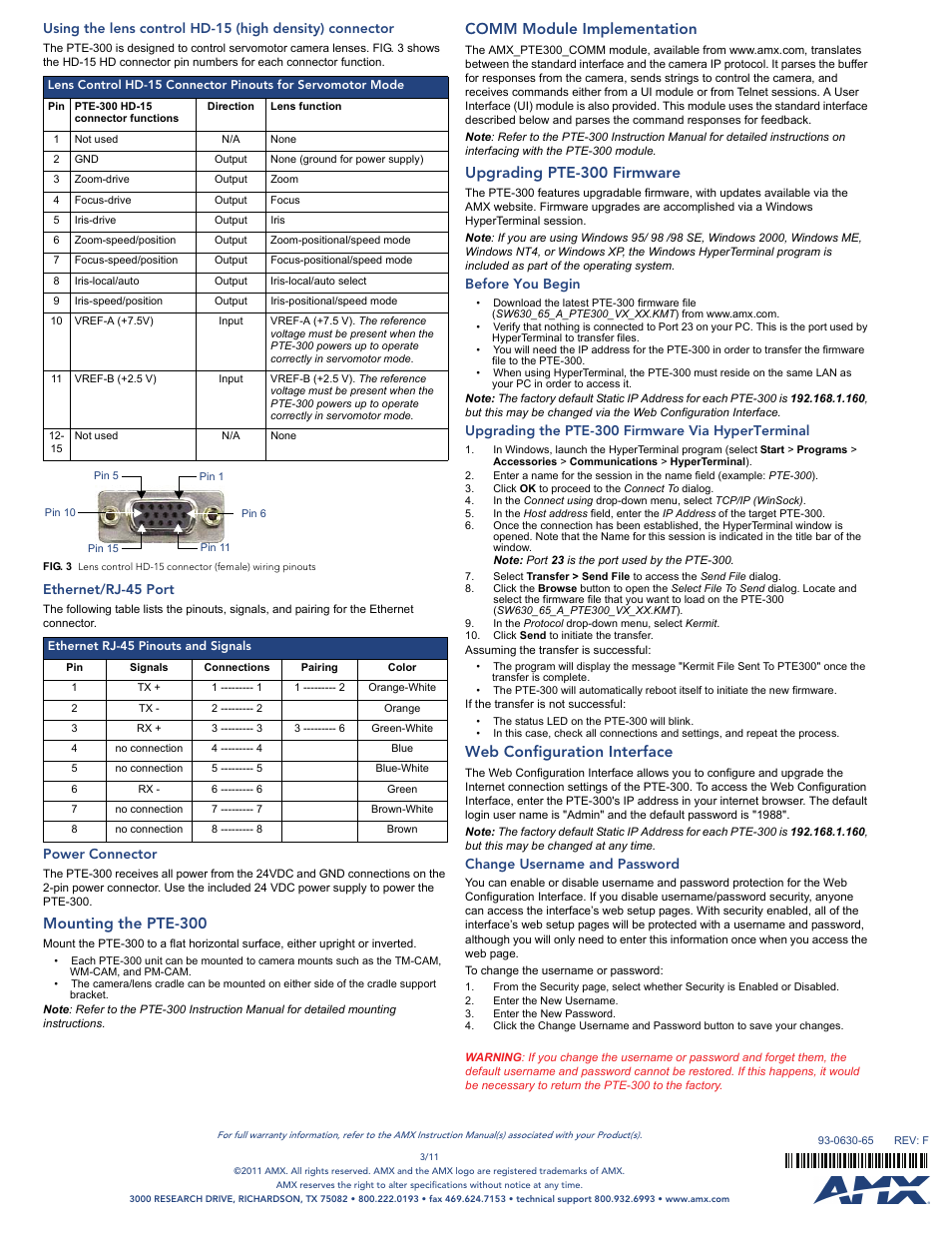 Ethernet/rj-45 port, Power connector, Mounting the pte-300 | Comm module implementation, Upgrading pte-300 firmware, Before you begin, Upgrading the pte-300 firmware via hyperterminal, Web configuration interface, Change username and password | AMX osiTrack Ethernet Camera Controller PTE-300 User Manual | Page 2 / 2