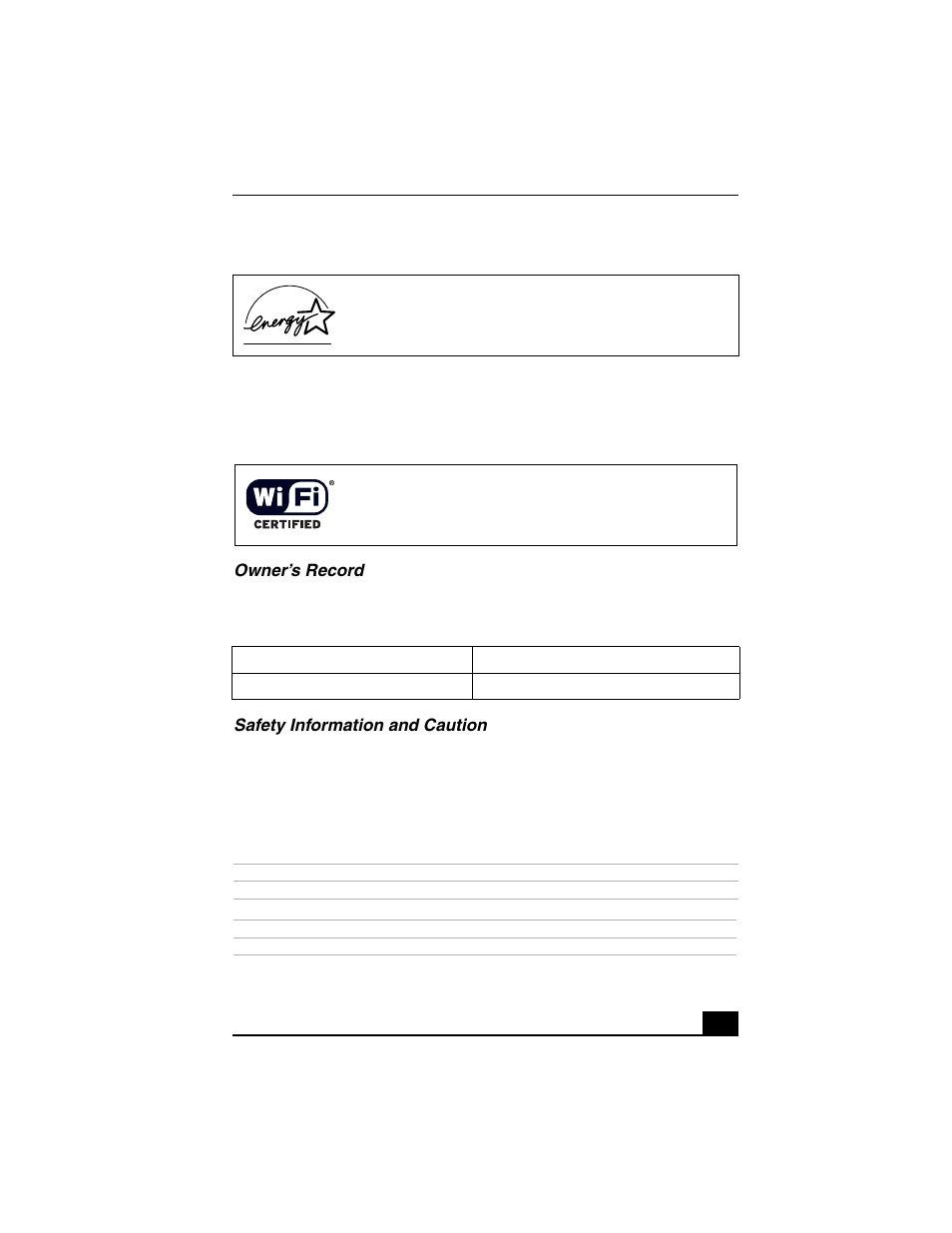 Owner’s record, Safety information and caution | Sony VGC-RA840G User Manual | Page 3 / 12