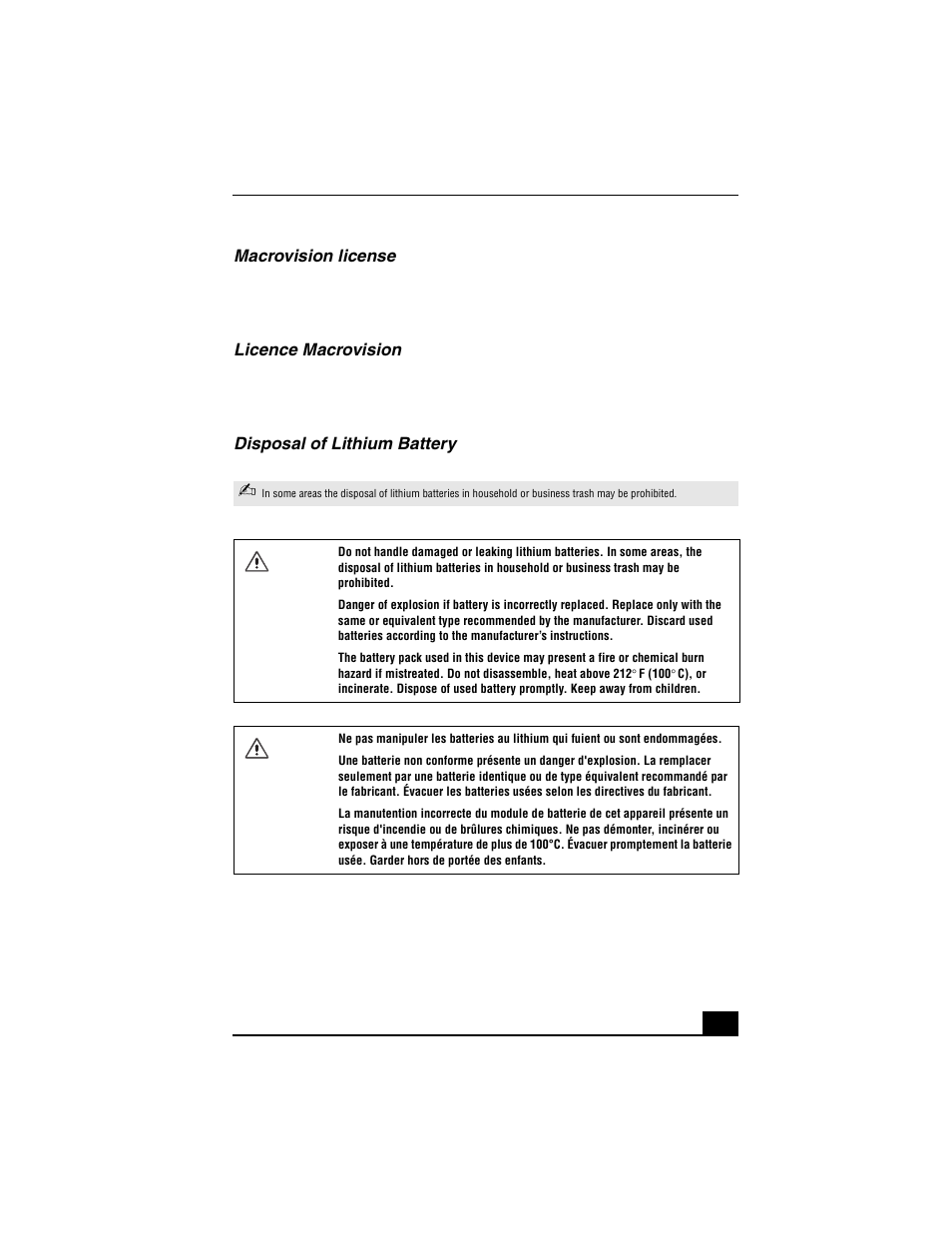 Macrovision license, Licence macrovision, Disposal of lithium battery | Sony VGC-RA840G User Manual | Page 9 / 12