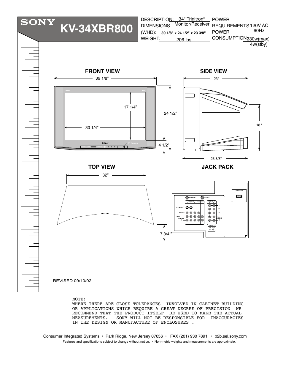 Sony KV-34XBR800 User Manual | 1 page