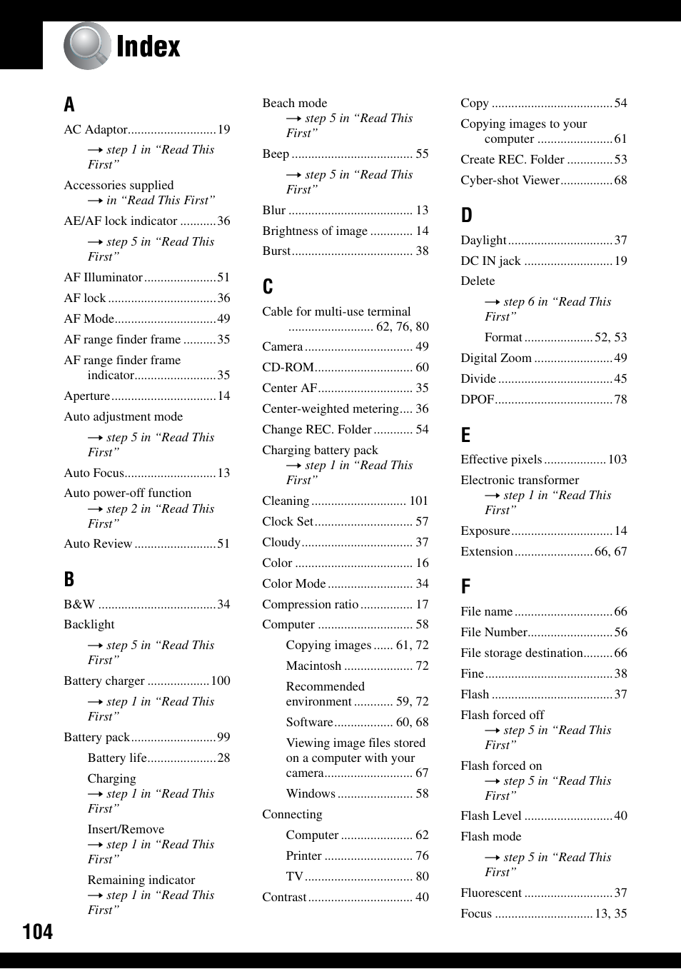 Index | Sony DSC-W100 User Manual | Page 104 / 107